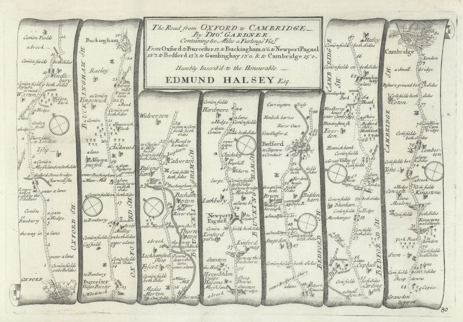 Oxford-Bicester-Buckingham-Bedford-Cambridge. GARDNER road map #80 1719